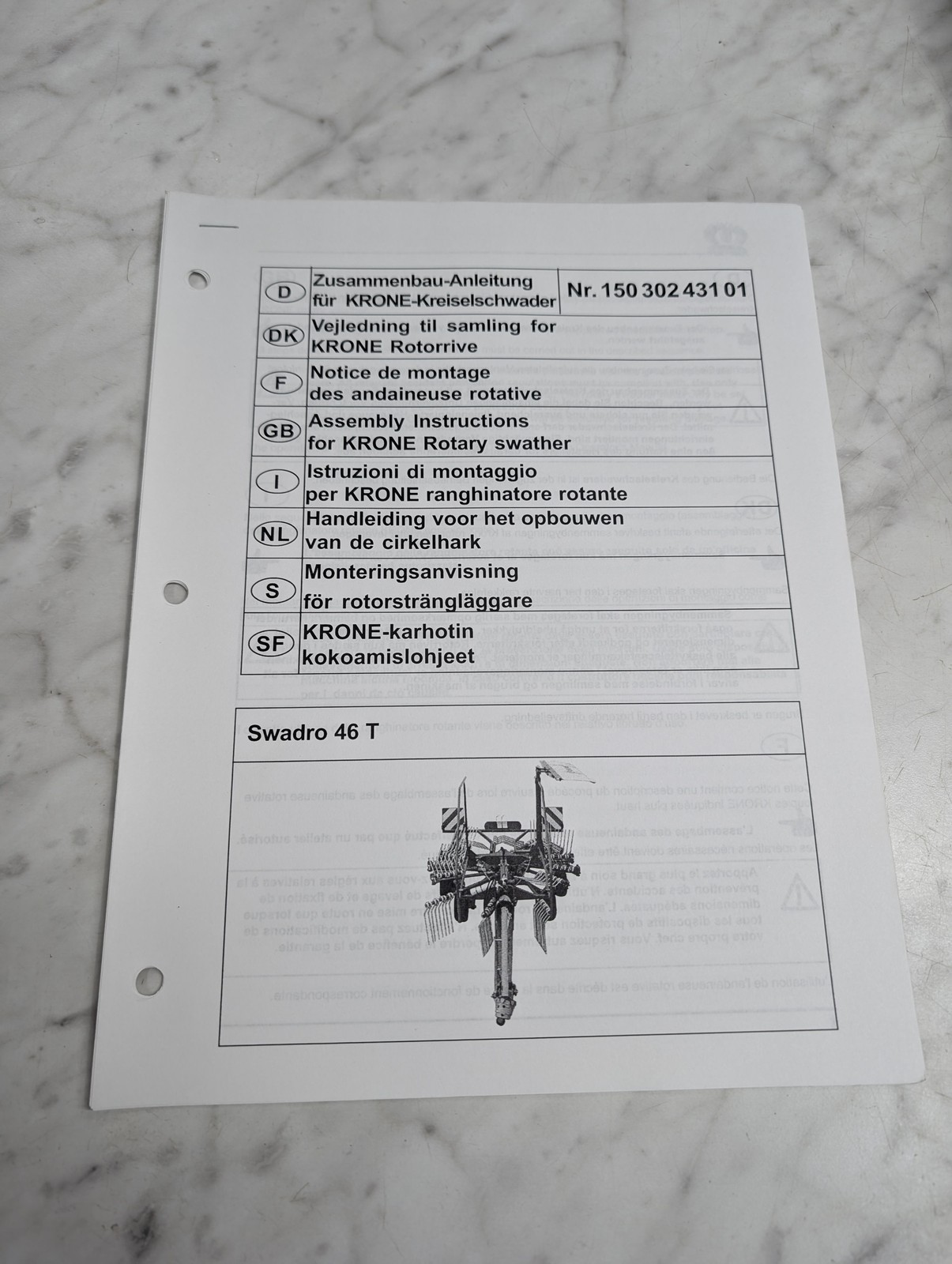 Krone Swadro 46 T Nr 150 302 431 01 Assembly Instructions Manual Rotary Swather