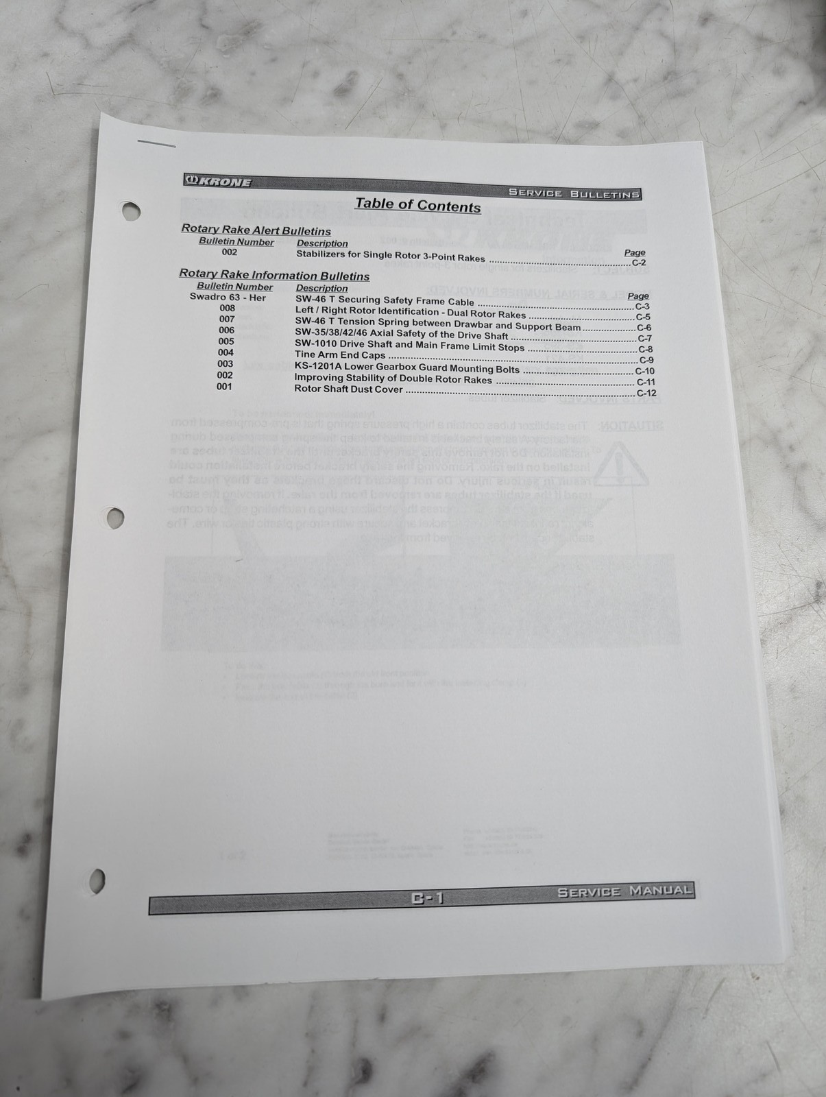 Krone Rotary Rake Service Manual Bulletins Updates Sw 35 38 42 46 1010