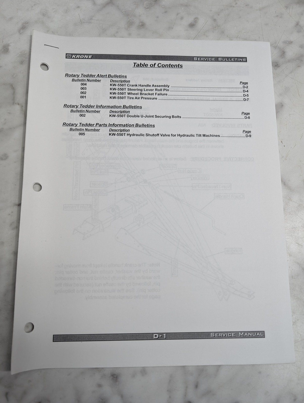 Krone Kw 550T Rotary Tedder Service Bulletins Dealer Literature