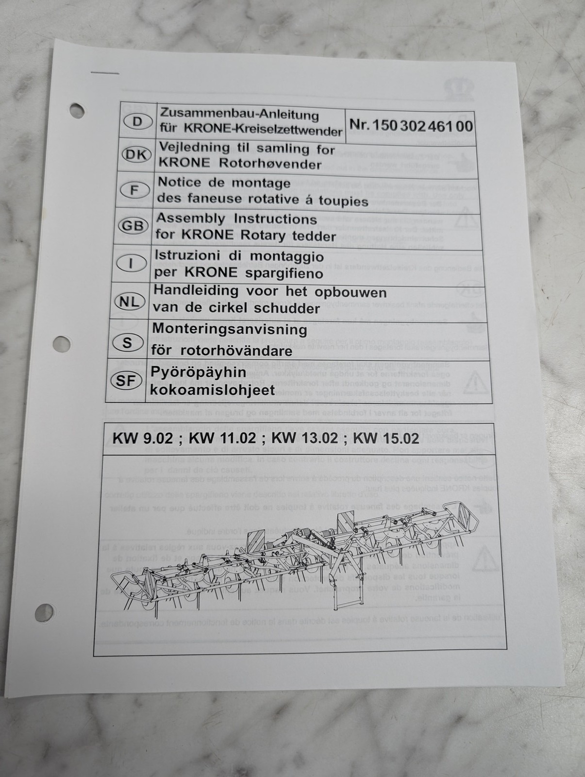 Krone Kw 9 02 11 13 15 Nr 150 302 461 00 Assembly Instructions