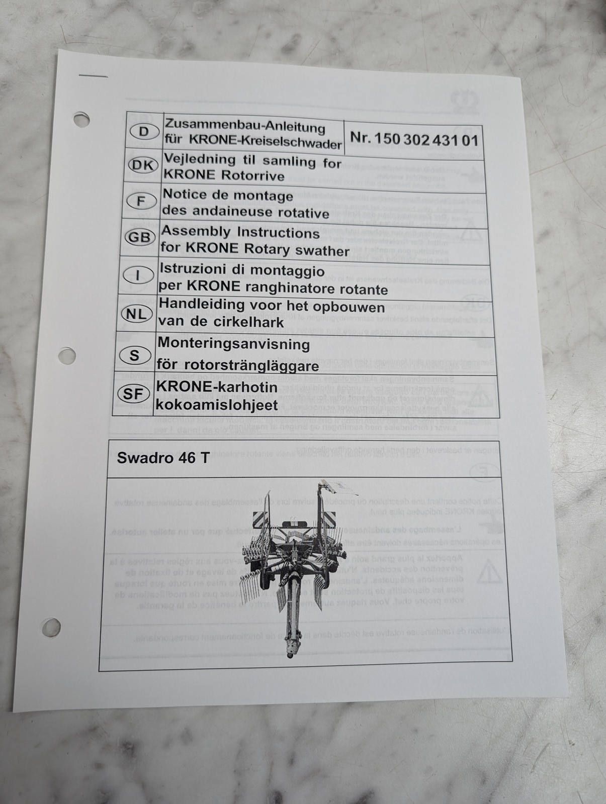 Krone Swadro 46 T Rotary Swather Nr 150 302 431 01 Assembly Instructions