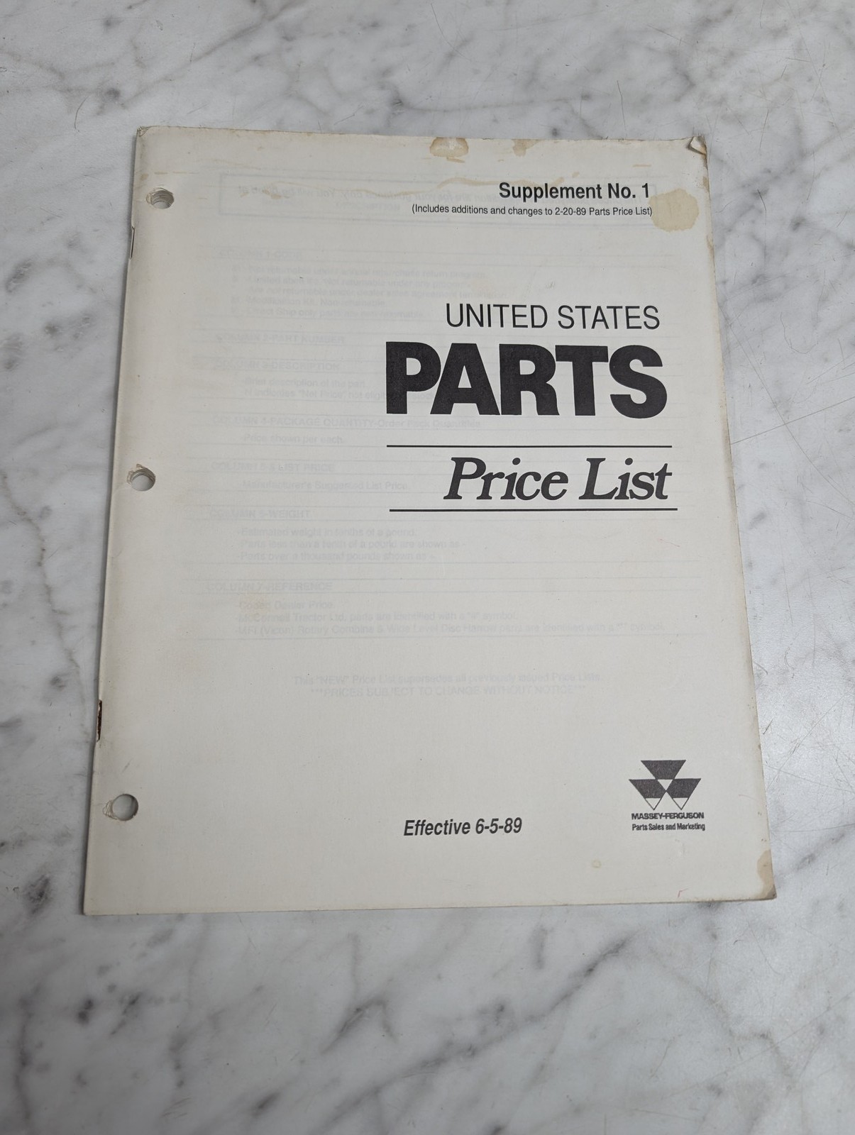 Massey Ferguson United States Parts Price List Supplement No 1 Effective 6 5 89