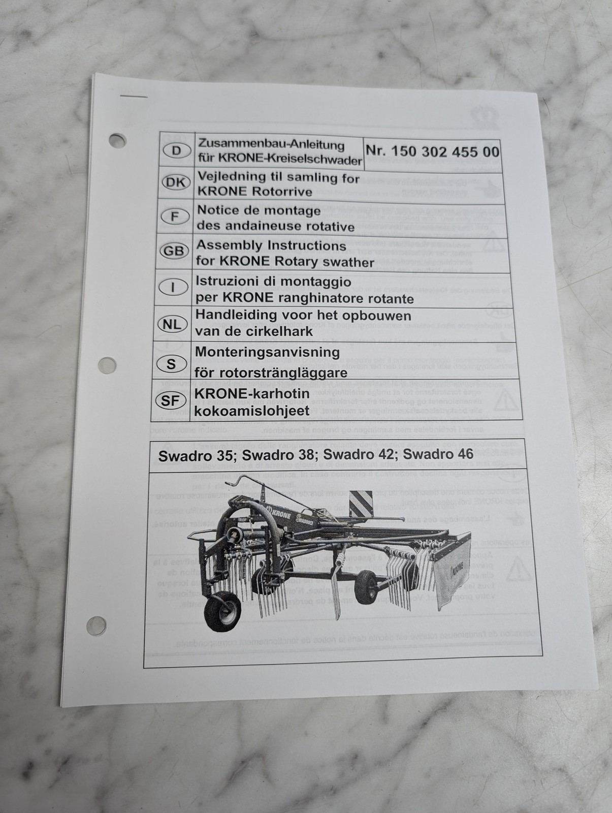 Krone Swadro 35 38 42 46 Rotary Swather Nr 150 302 455 00 Assembly Instructions