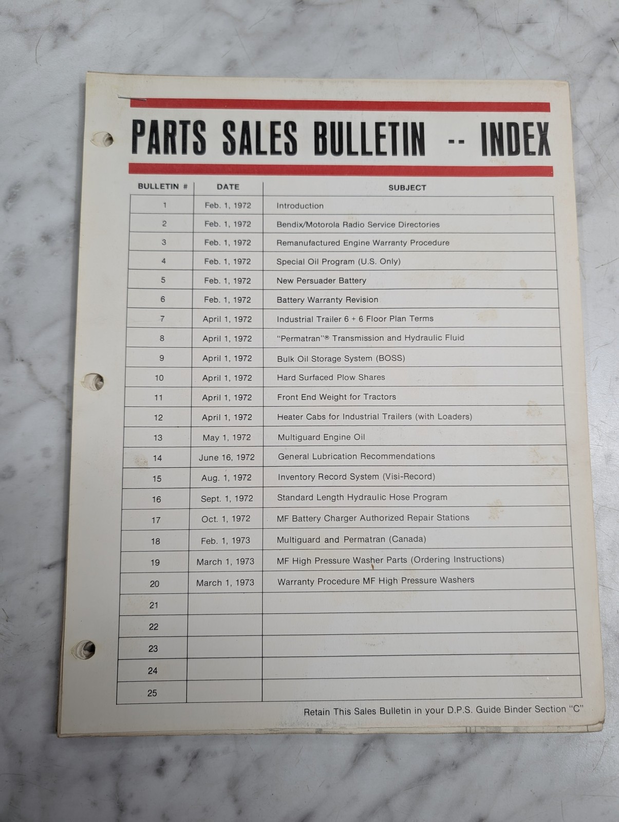 Parts Sales Bulletin Index Massey Ferguson D P S Guide Binder Section C Service