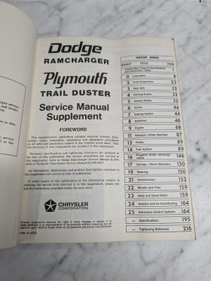 Dodge Ramcharger Plymouth Trail Duster 1975 Service Manual Supplement
