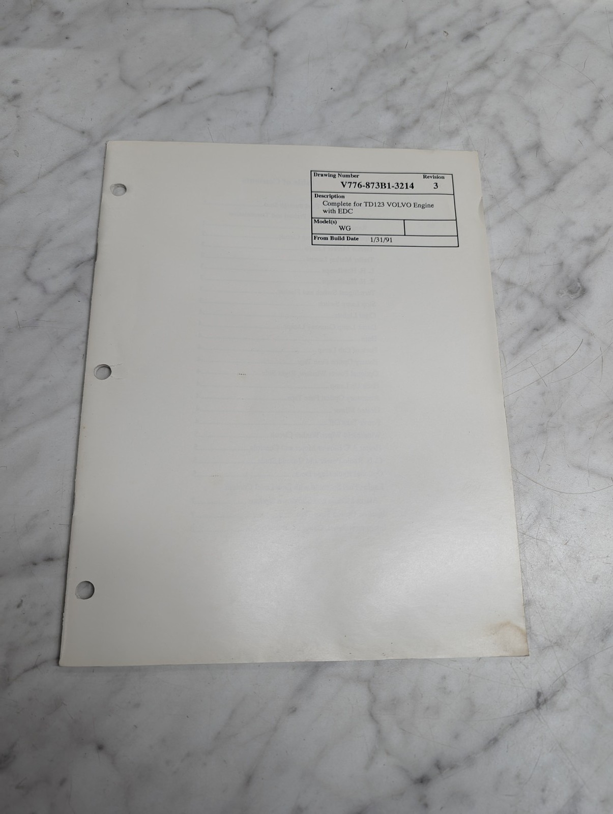 Volvo V776-873B1-3214 Rev. 3 Complete Td123 Volvo Engine Edc Wg 1991 Diagram