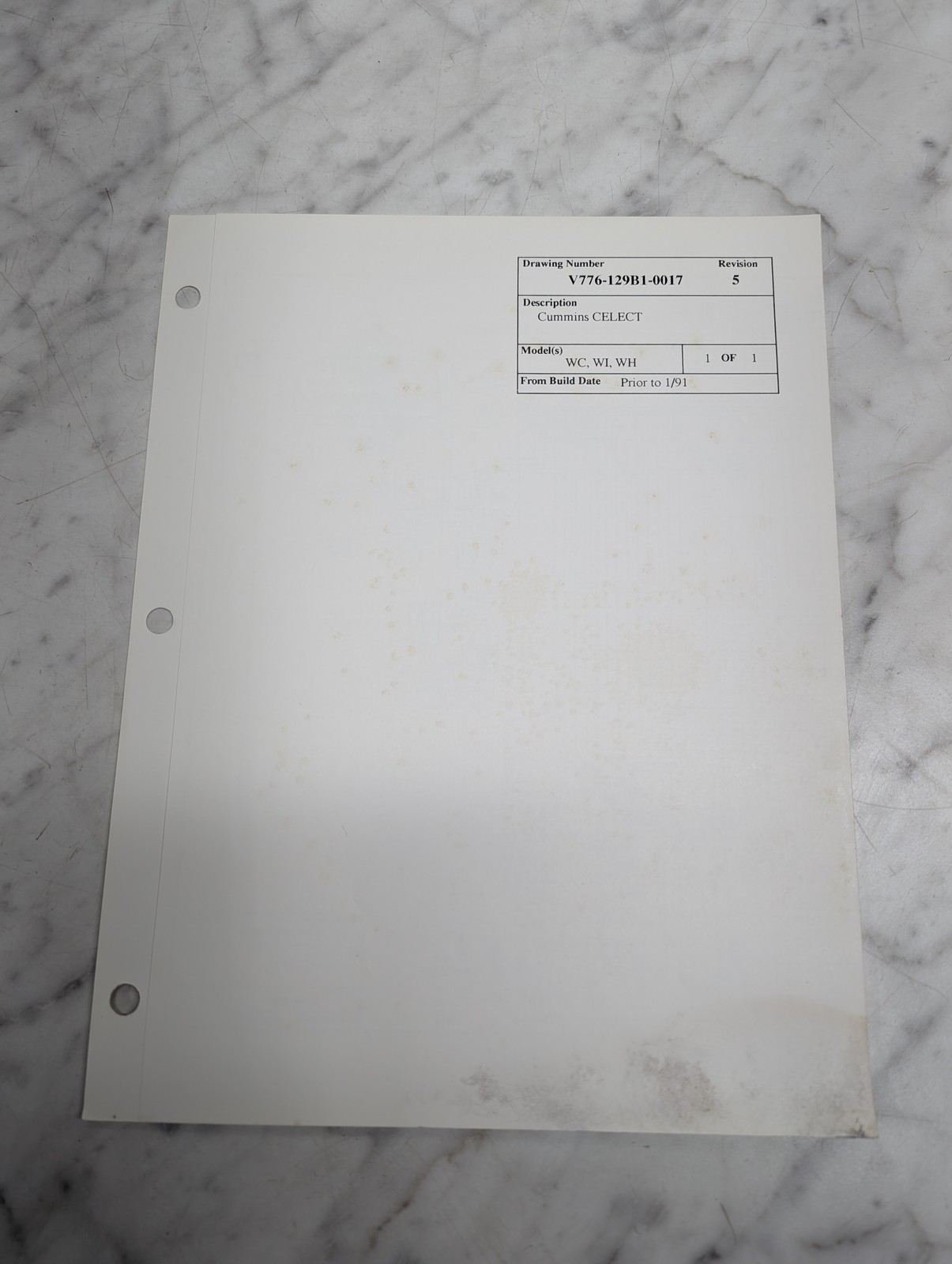 Volvo Cummins Celect Wc Wl Wh Drawing V776 129B1 0017 Rev. 5 1991 Diagram