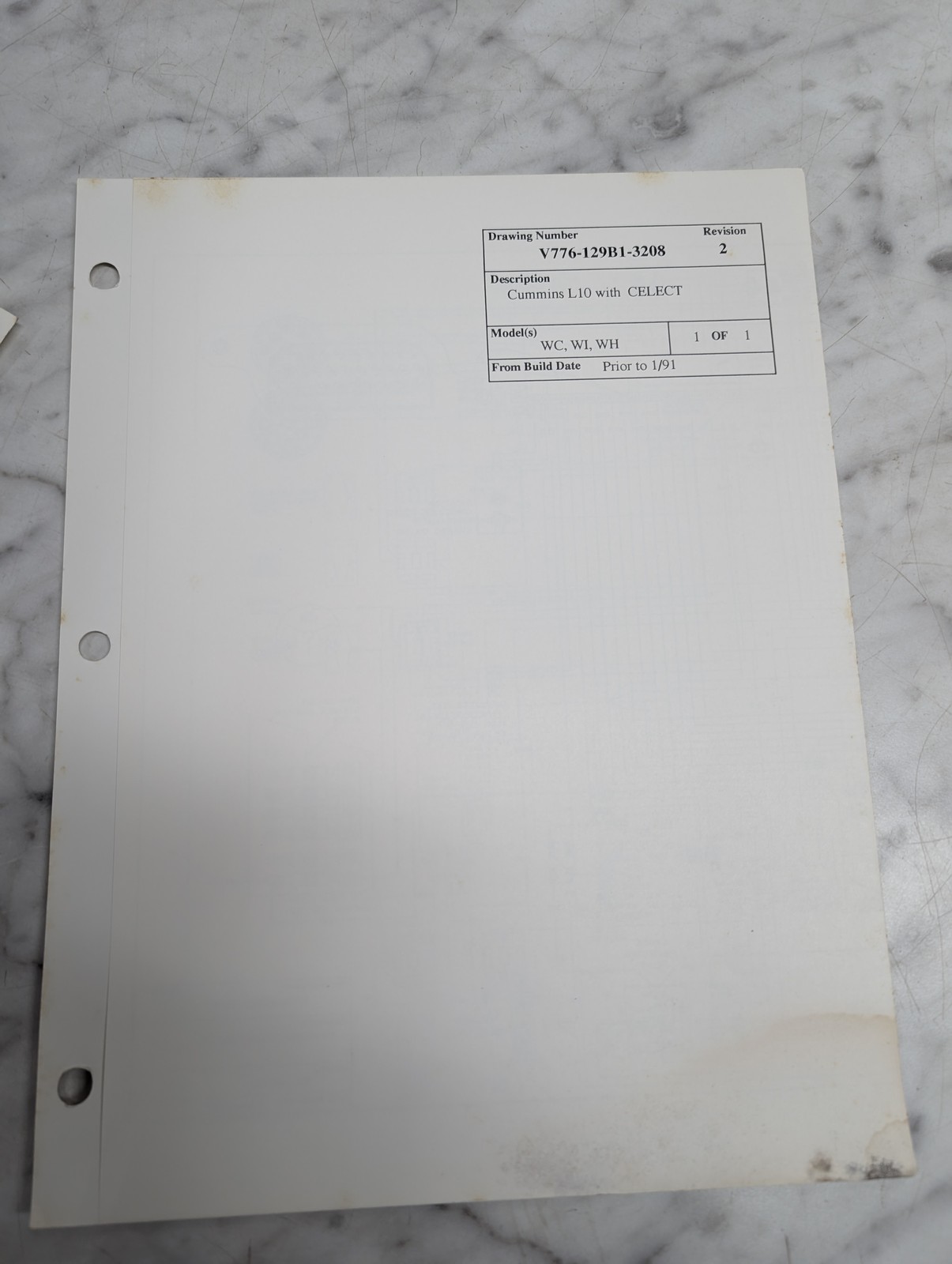 Volvo Cummins L10 Celect Wc Wi Wh V776 129B1 3208 Drawing Rev. 2 Diagram 1991