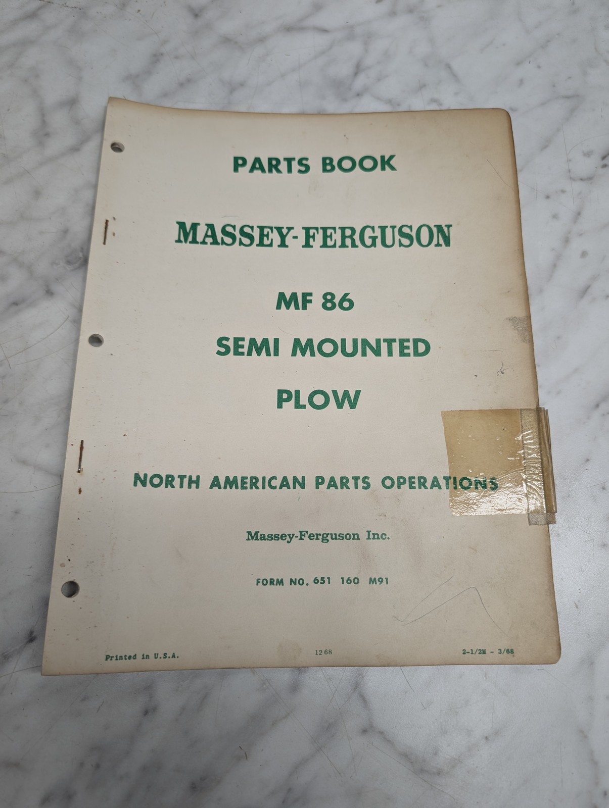 Massey Ferguson Mf 86 Semi Mounted Plow Form No 651 160 M91 Parts Book Manual