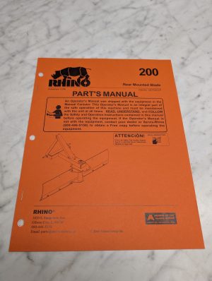 Rhino 200 Rear Mounted Blade Part No 00772211P Parts Manual List Catalog Book