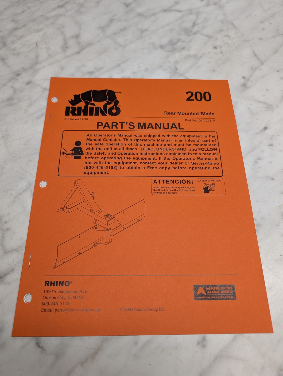 Rhino 200 Rear Mounted Blade Part No 00772211P Parts Manual List Catalog Book