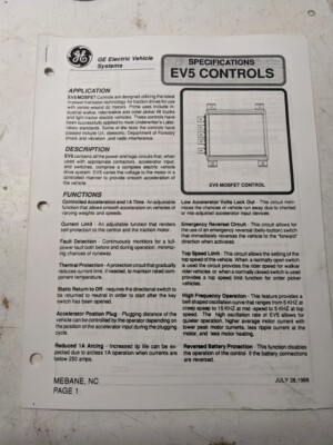 Ge Electric Vehicke Systems Ev5 Controls Manual Instructions 1988 Specifications