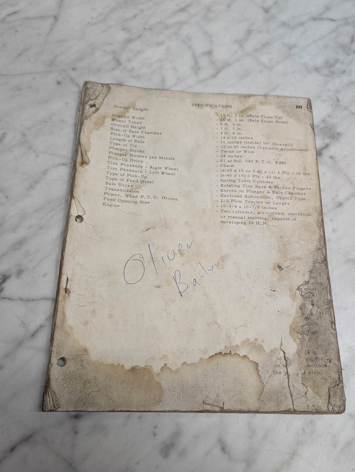 Oliver Bailer Specifications Roto-Flo Feed Operator Manual