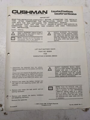 Cushman Installation Parts List Diagram Manual 883904 Lift Out Rack 898322 1984