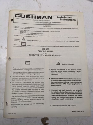 Cushman Installation Part List Manual 883962 Cab Set Executive Iv 898322 1986