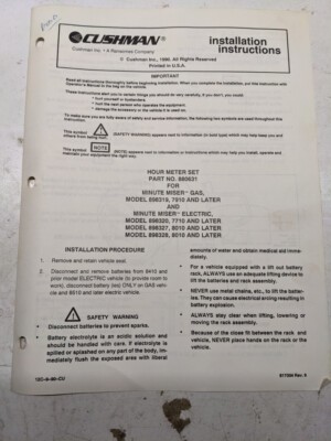Cushman Installation Parts List Manual Hour Meter Set 880631 Minute Miser