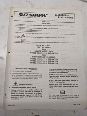 Cushman Installation Parts List Manual Hour Meter Set 880631 Minute Miser 1990