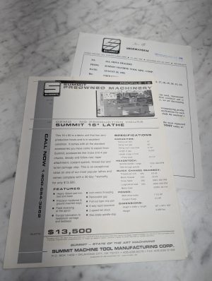 Summit Profile 16 Preowned Machinery Demo No Production Lathe Sales Brochure