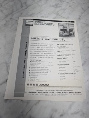 Summit 60 Cnc Vtl Profile 1 Preowned Machinery Specifications Sales Brochure