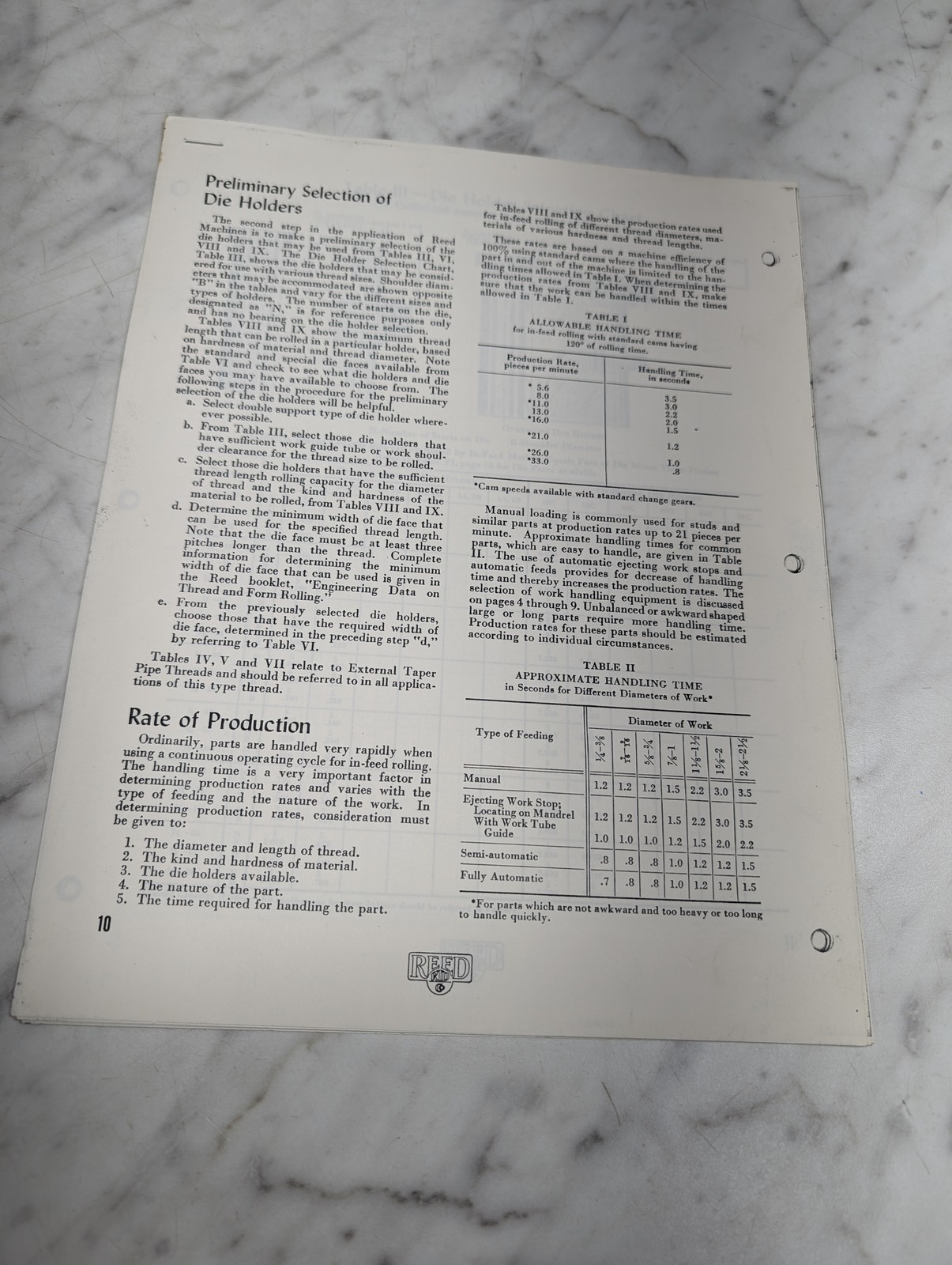 Reed Preliminary Selection Of Die Holders Rate Production Table I Ii 10