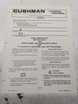 Cushman Installation Instructions Spark Arrestor Set 882574 Minute Miser 1988