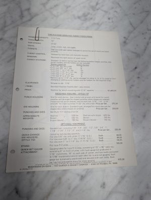 Type R 2 Hand Operated Turret Punch Press Required Tooling Style 117 Price