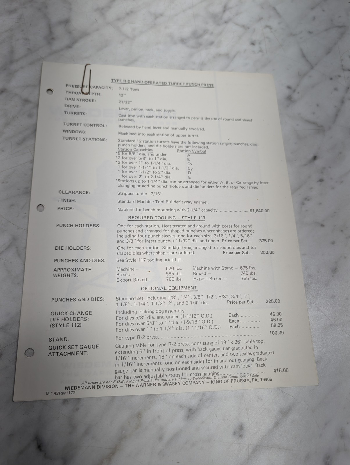 Type R 2 Hand Operated Turret Punch Press Required Tooling Style 117 Price