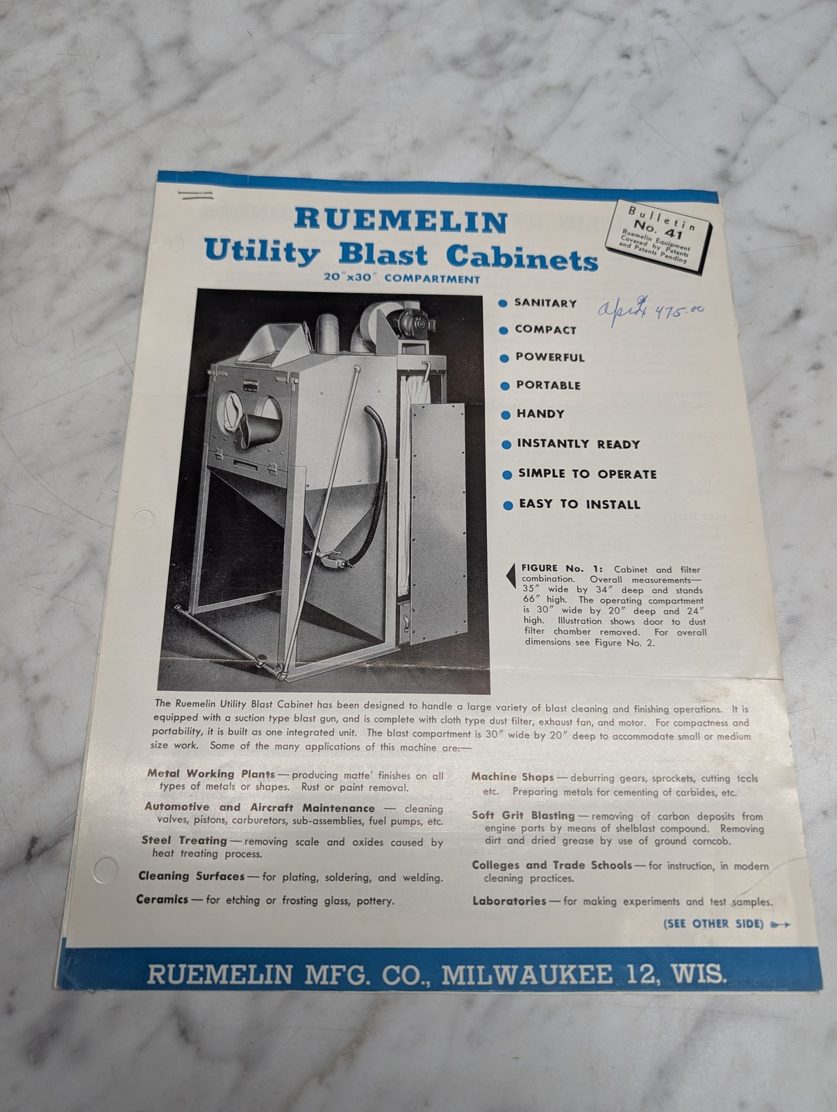 Ruemelin Utility Blast Cabinets 20 X 30 Compartment Bulletin 41 Sales Brochure