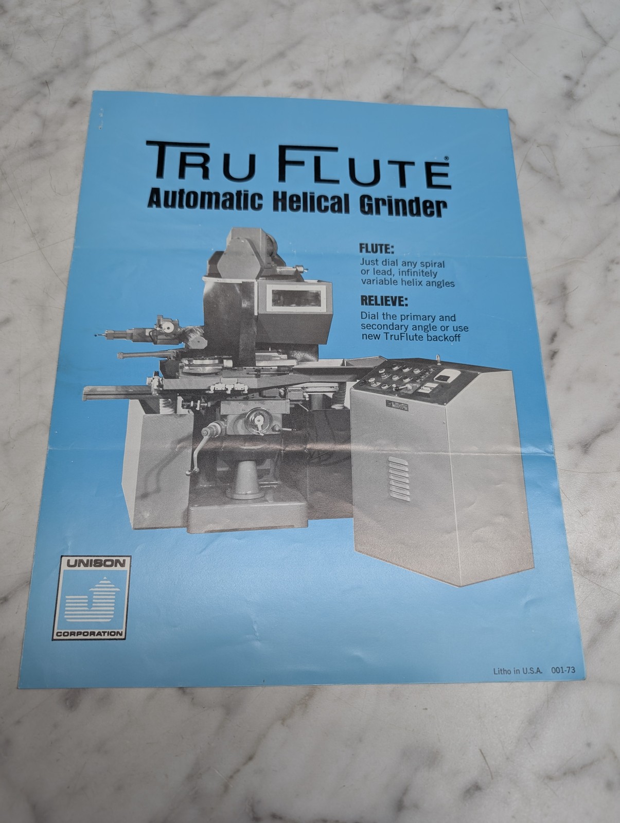 Unison Tru Flute Automatic Helical Grinder Usa 001-73 Sales Brochure Literature