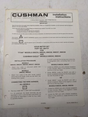 Cushman Installation Instructions Parts List Manual Hour Meter Set 884737
