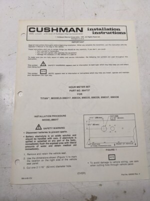 Cushman Installation Instructions Parts List Manual Hour Meter Set 884737 1985