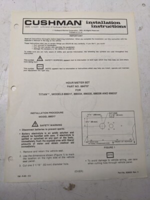 Cushman Installation Instructions Parts List Manual Hour Meter Set 884737 1983