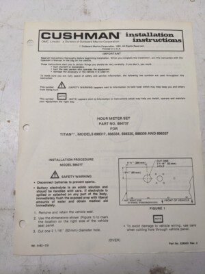 Cushman Installation Instructions Parts List Manual Hour Meter Set 884737 Titan