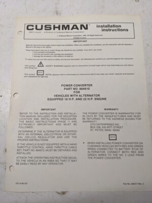 Cushman Installation Instructions Parts List Manual Power Converter 884610 1985