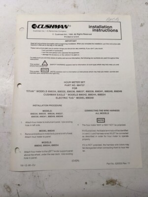 Cushman Installation Instructions Parts List Manual Hour Meter Set 884737 1990