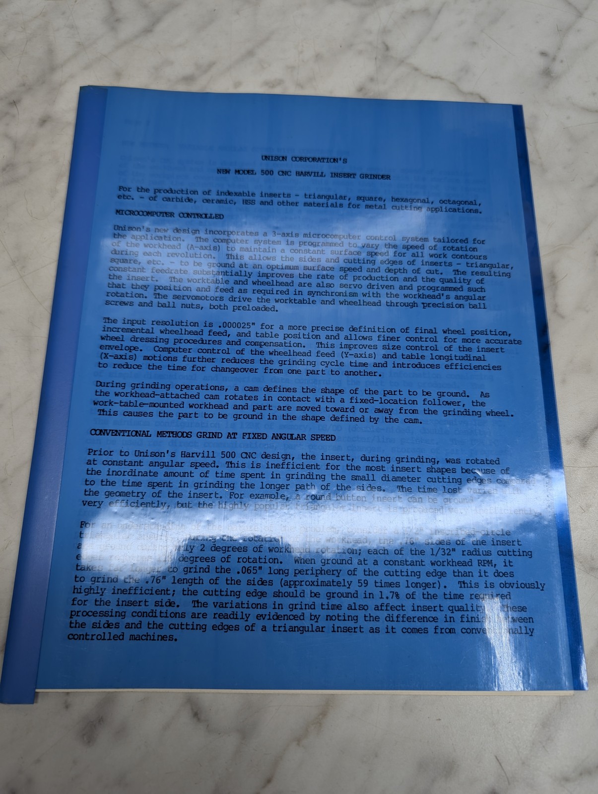Unison New Model 500 Cnc Harvill Insert Grinder Microcomputer Sales Brochure