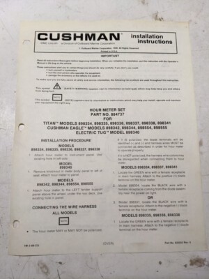 Cushman Installation Instructions Parts List Manual Hour Meter Set 884737 Eagle