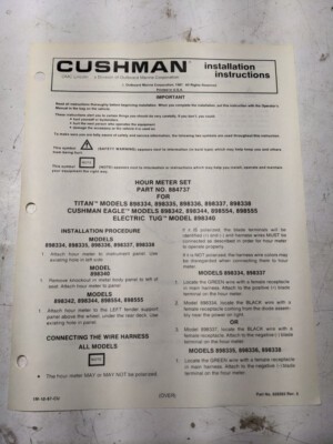 Cushman Installation Instructions Parts List Manual Hour Meter Set 884737 Tug