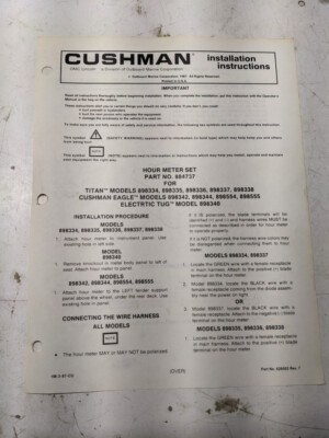 Cushman Installation Instructions Parts List Manual Hour Meter Set 884737 898340