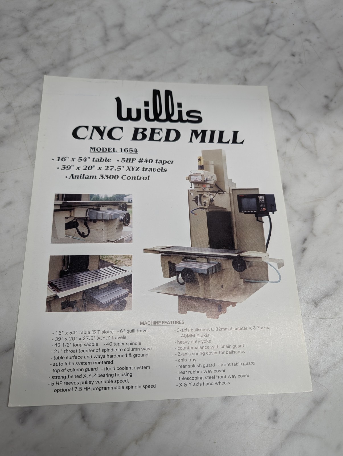 Willis Model 1654 Cnc Bed Mill Anilam 3300 Control Machine Sales Brochure