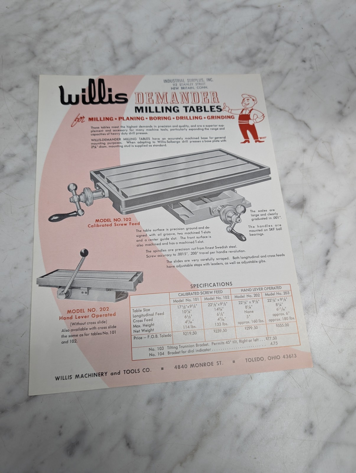 Willis Demander Milling Tables Model No 102 202 203 Sales Brochure