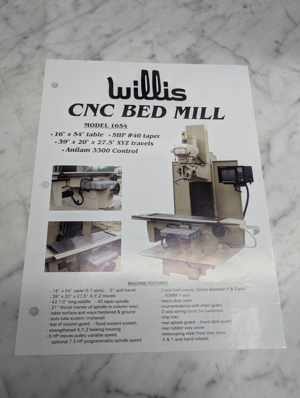 Willis Model 1654 Cnc Bed Mill Anilam 3300 Control Machine Features 16 X 54
