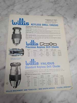 Willis Keyless Drill Chucks Suggested List Prices Effective Jan 1 1976 Brochure