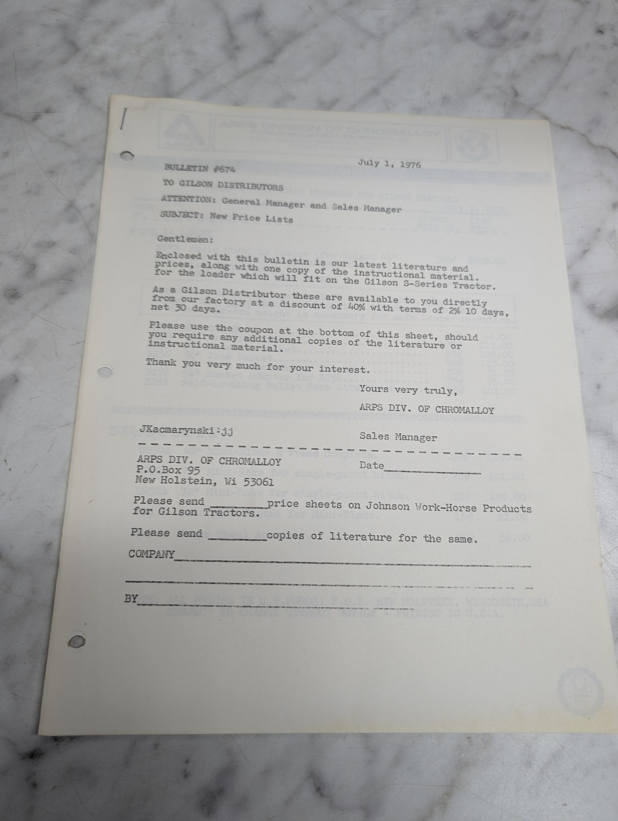 Gilson Bulletin 674 S Series Tractor New Price Lists July 1 1976