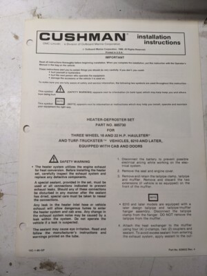 Cushman Installation Instructions Parts List Manual Heater Defrost Set 885730