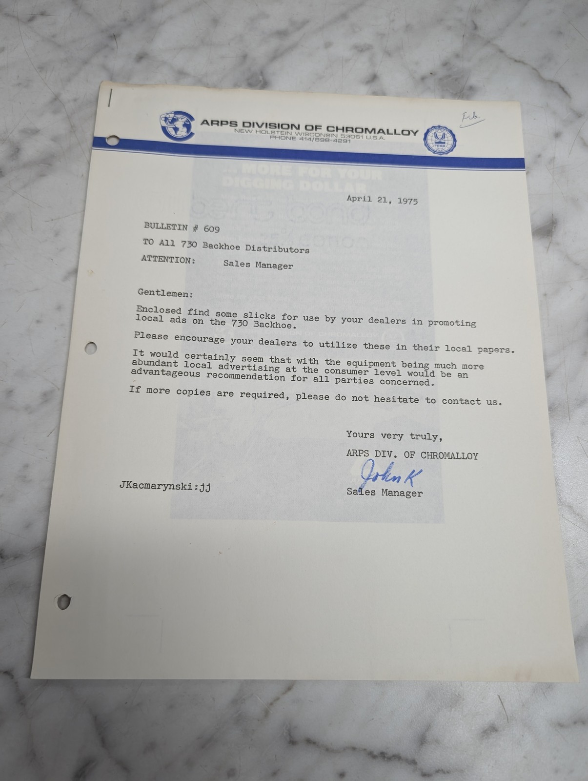 Wisconsin Arps Division Of Chromalloy 730 Backhoe Bulletin 609 April 21 1975