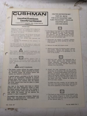 Cushman Installation Instructions Parts Manual Heater Defrost Set 885730 1982