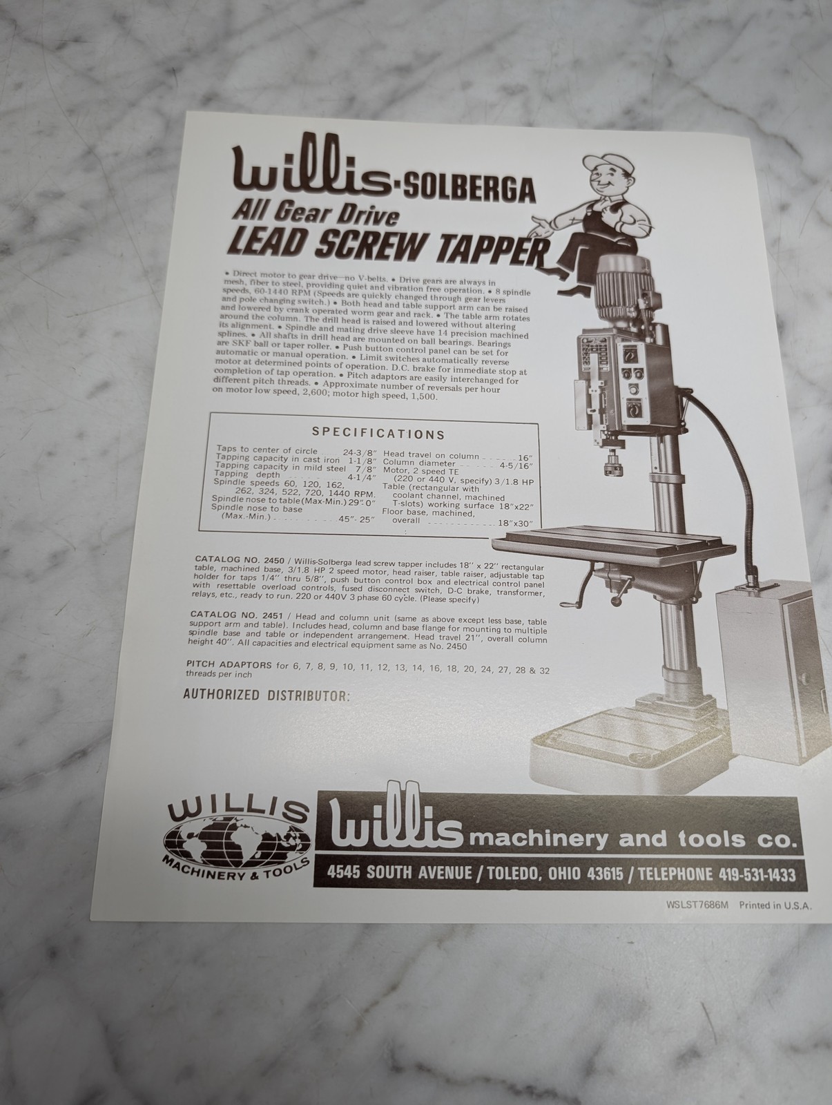 Willis Solberga All Gear Drive Lead Screw Tapper No 2450 2451 Sales Brochure