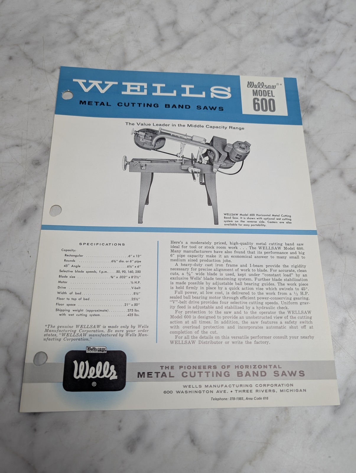 Wells Wellsaw Model 600 Metal Cutting Band Saws Sales Brochure Literature Sheet