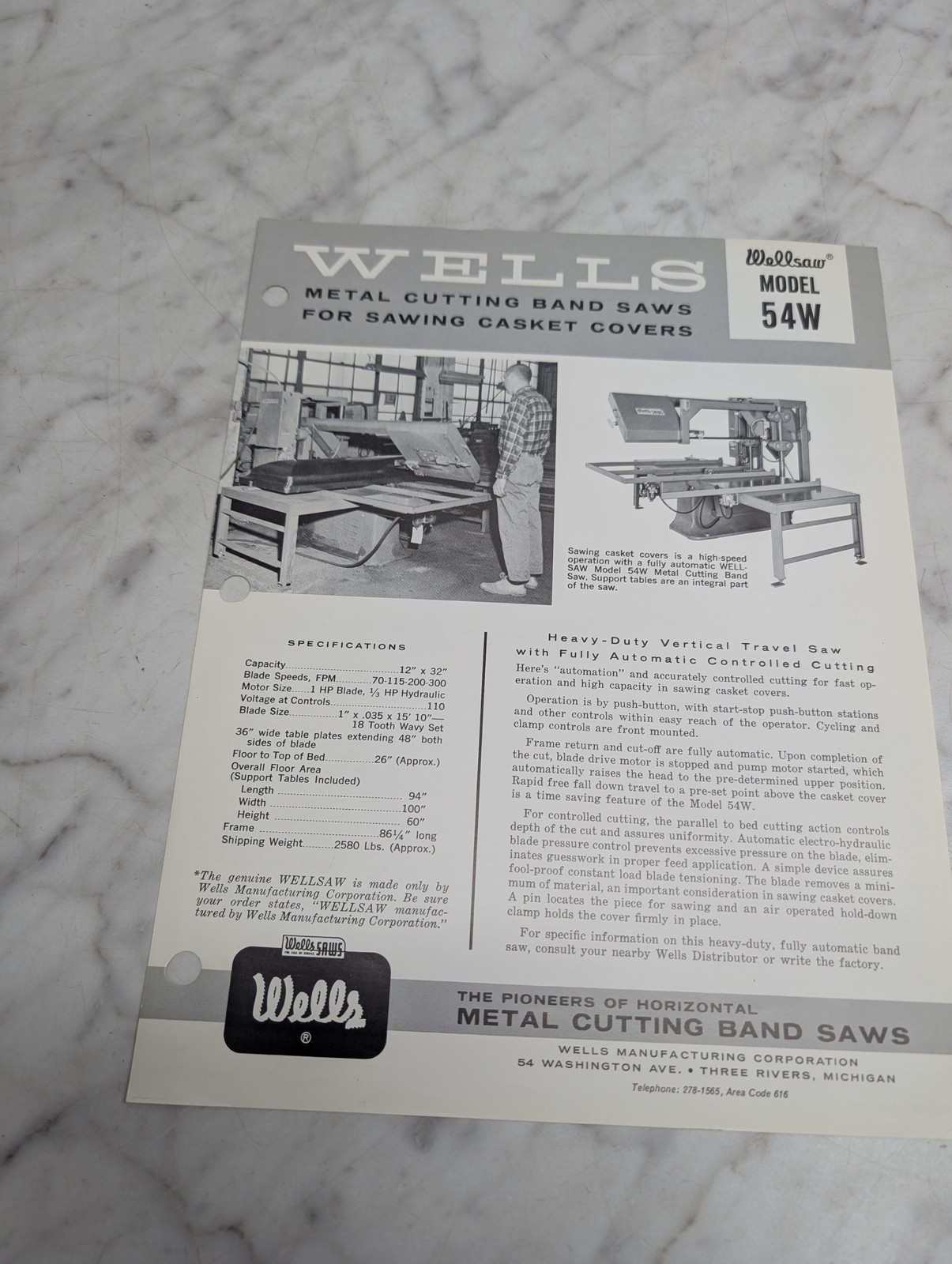 Wells Wellsaw Model 54W Metal Cutting Band Saws Sawing Casket Covers Sales Sheet